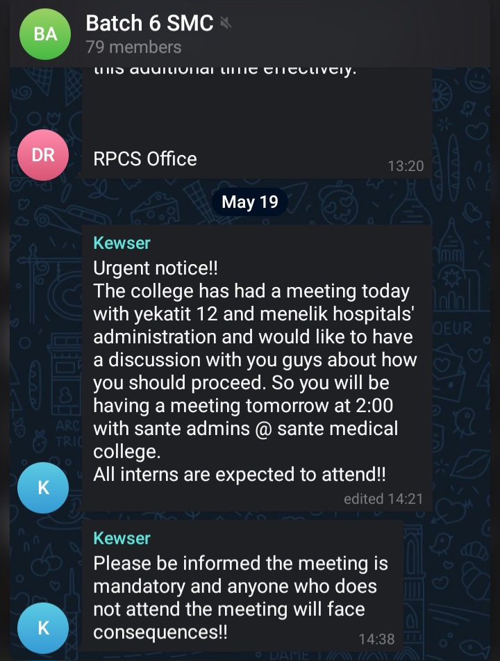 Threats Against Sante Interns at Yekatit 12 and Menelik Hospitals